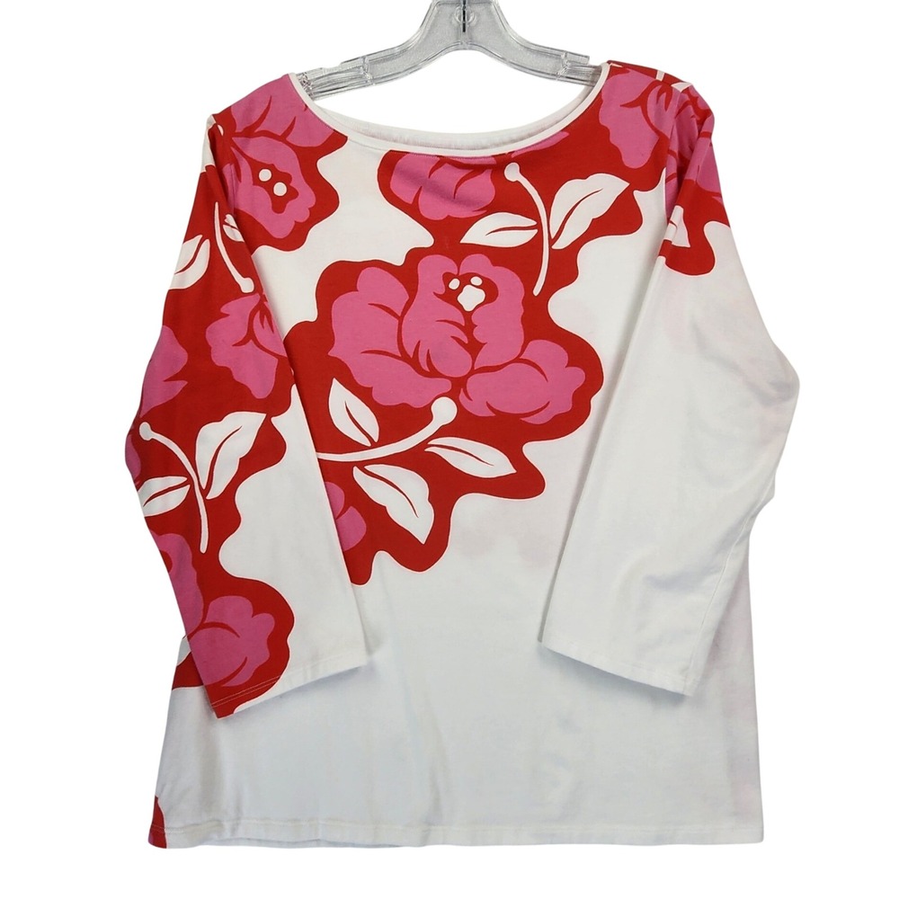 Talbots XL White Pink Red Floral Boat Neck 3/4 Sleeve Tee Cotton Stretch Casual